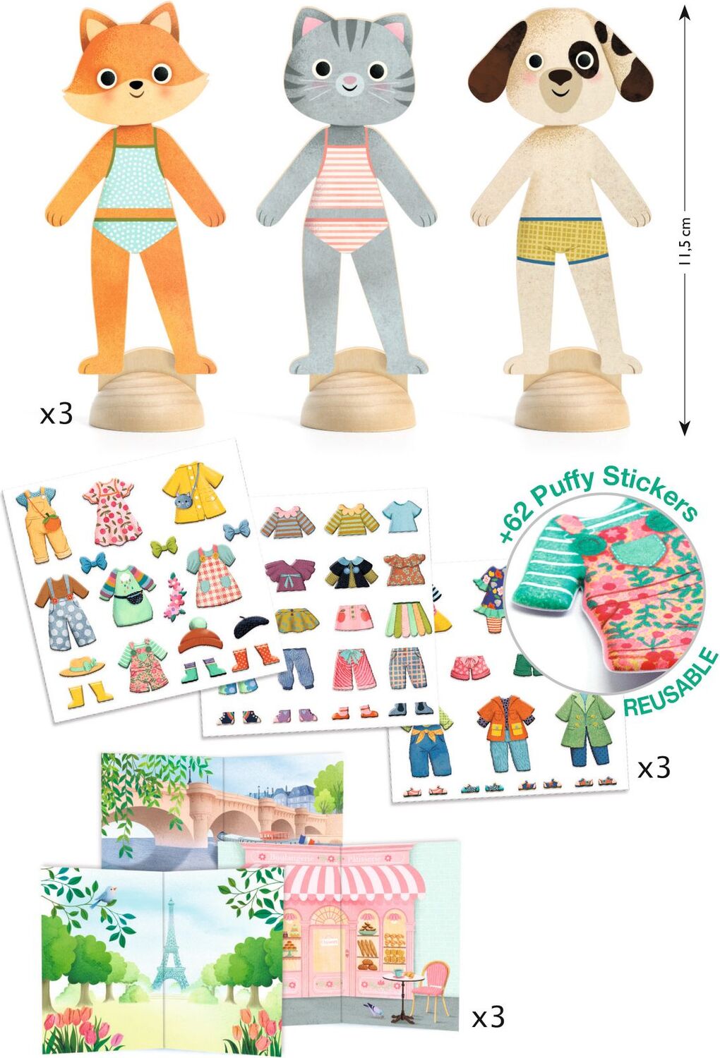 A collage showing three animal character figures on wooden bases, three sticker sheets with colorful clothing and body stickers, and three illustrated sticker scenes. A vertical measurement marker reads 12 cm, and text says '+82 Puffy Stickers REUSABLE'.