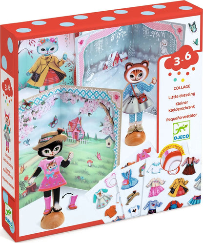 Doll packaging with character illustrations and clothing pieces, featuring a red and white polka dot design.