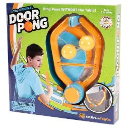 product box for " the original door pong" showing a child playing with the yellow and blue hanging paddle and ball set.