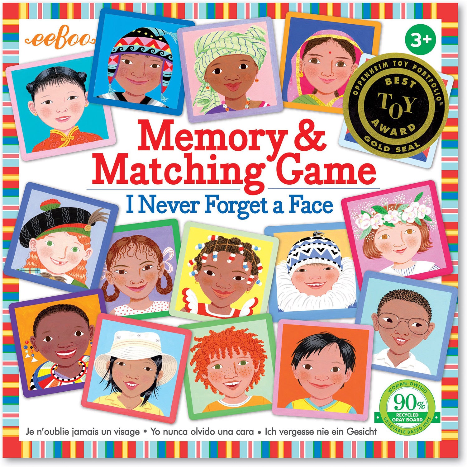 Cover of the 'Memory & Matching Game' featuring multiple colorful square cards with diverse children's faces, indicating it's designed for educational and memory matching purposes.