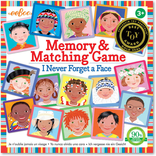 Cover of the 'Memory & Matching Game' featuring multiple colorful square cards with diverse children's faces, indicating it's designed for educational and memory matching purposes.