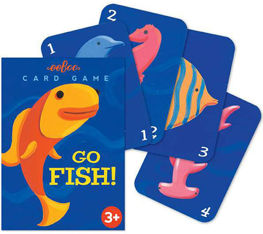 a set of blue illustrated playing cards for GO FISH. featuring different colorful sea creatures and an "ages 3+" label
