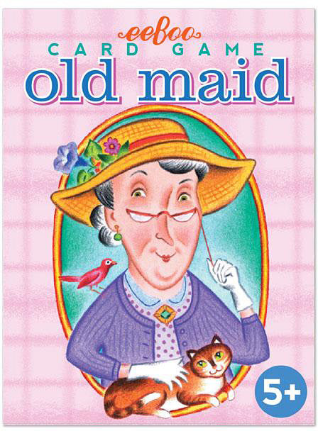 Cover of the 'Old Maid' card game package featuring an illustration of an older woman with a hat, holding a cat, with a colorful background.