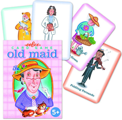 old maid card game in pink box. images features for different cards with illustrated characters on them.