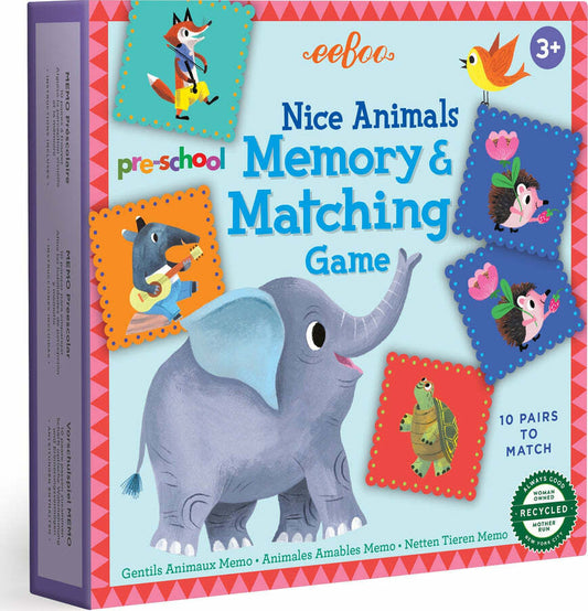 Boxed memory matching game with illustrations of various animals. The game is titled 'Nice Animals Memory & Matching Game' and is designed for preschoolers.