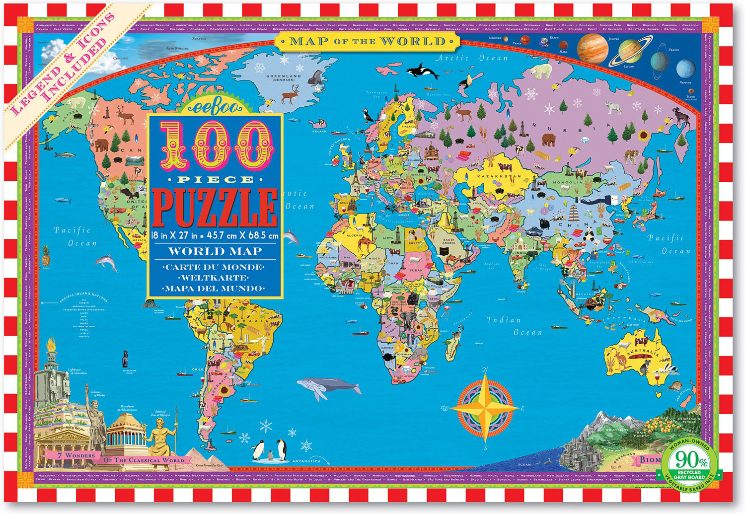100 Piece puzzle of the world map with images of animals/buildings in each part of the world.
