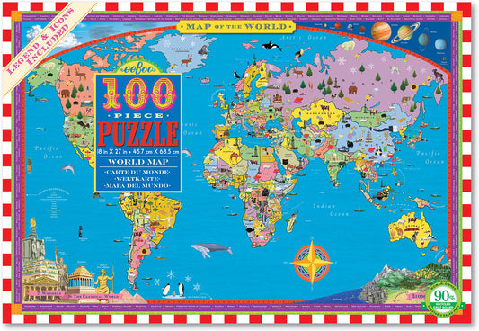 100 Piece puzzle of the world map with images of animals/buildings in each part of the world.