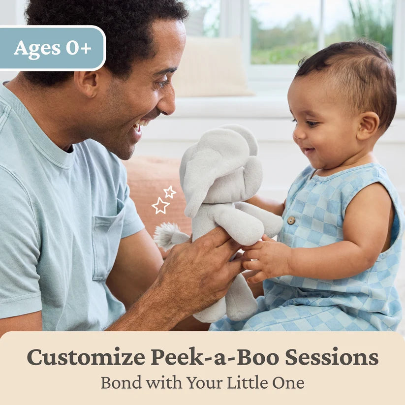 A smiling man and a toddler together indoors, holding a small gray plush elephant toy between them.
In the top-left corner, a blue badge reads "Ages 0+". Across the bottom of the image, a sign "Customize Peek-a-Boo Sessions" with the subtitle "Bond with Your Little One" .