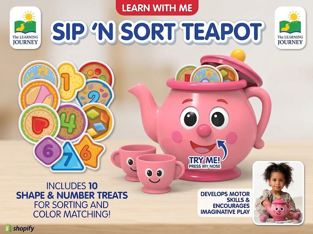 The product graphic for Learn With Me: Sip 'n Sort Teapot features a cheerful pink teapot with an interactive nose alongside two smiling pink cups and ten numbered, shape-sorting treat pieces displayed against a clean background.