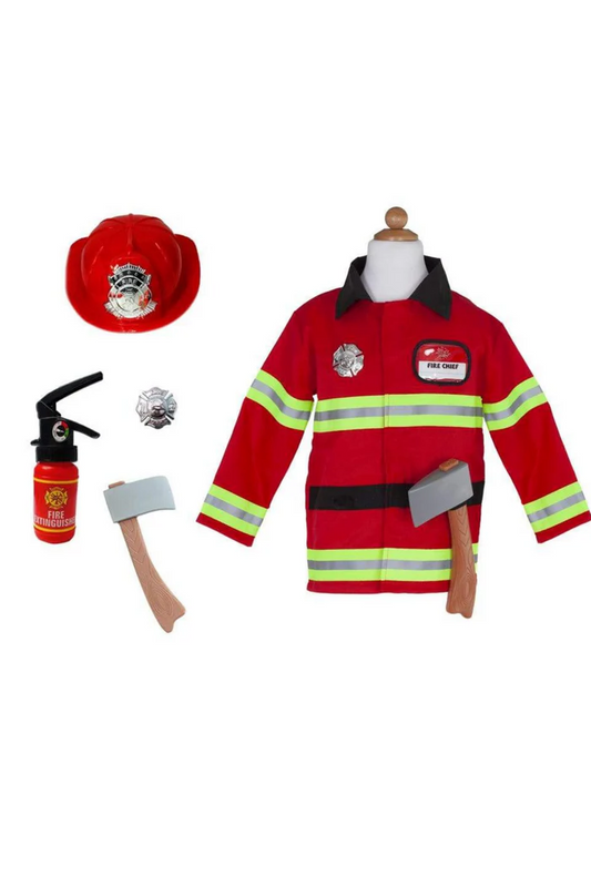 A set of children's firefighter dress-up clothes including a red coat with reflective tape details, a plastic firefighter hat with emblem, a play axe, a play fire extinguisher, and a badge.