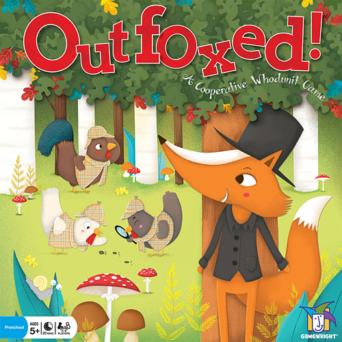 The cover of the board game 'Outfoxed!' featuring an illustration of a fox character in a hat, a chicken, and various forest animals.
