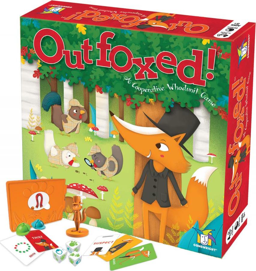 the colorful game box features a cartoon fox dressed in a black coat hiding by a tree while a woodland animals, including chickens and other forest creatures, appear to investigate. small game pieces & cards are pictured at the bottom of the  box.