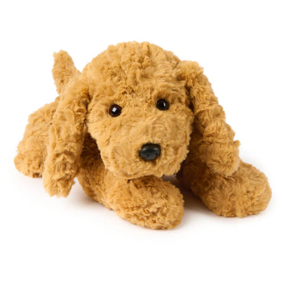 A soft, light-brown curly plush dog lies flat on its belly against a plain white background. It features long, floppy ears, dark bead eyes, and a small black nose with a friendly, relaxed look.
