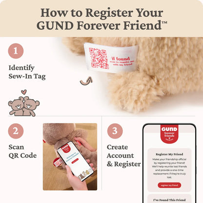  instructions "How to Register Your GUND Forever Friend™"
Identify Sew-In Tag: Shows a plush toy's fabric tag featuring a QR code and the text "if found scan to reunite me with my friend."
Scan QR Code: scan the QR code on the plush toy's tag.
Create Account & Register: shows registration page to finalize registering the friend or report a found toy.