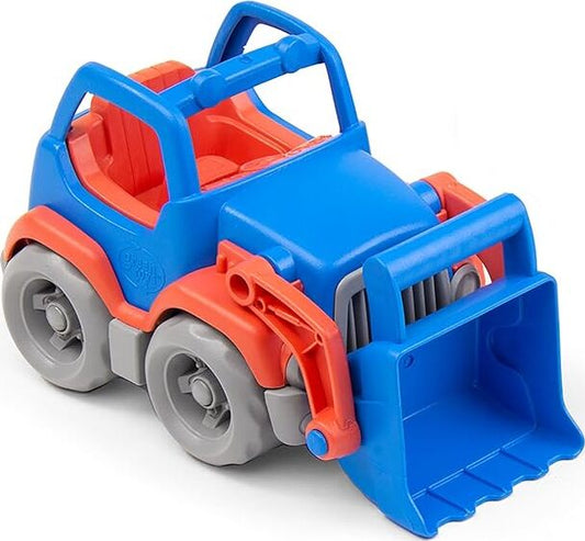 Toy construction vehicle with blue and red colors on a white background