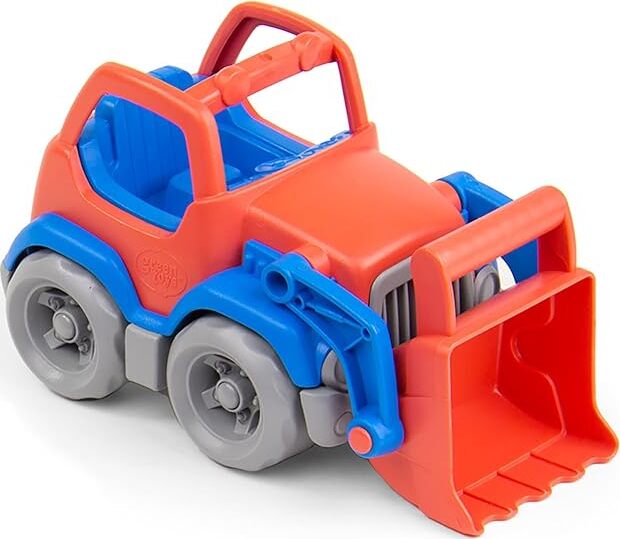 Toy bulldozer with red and blue colors on a white background