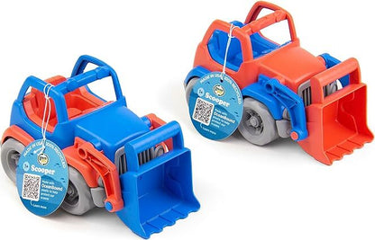 Two toy bulldozers, one blue and one red, with tags attached on a white background.