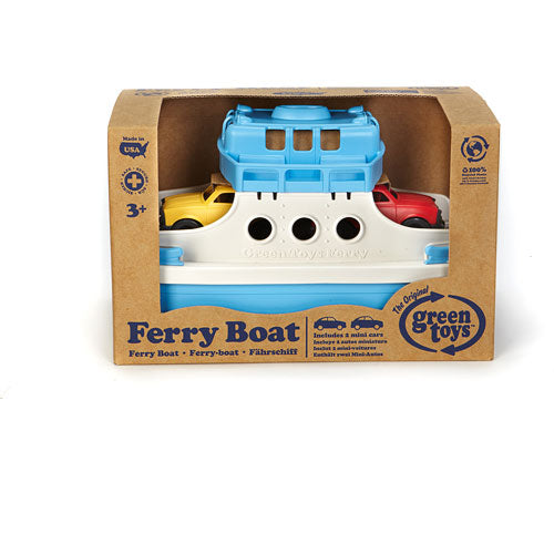 Toy ferry boat with cars in packaging, featuring Green Toys branding.