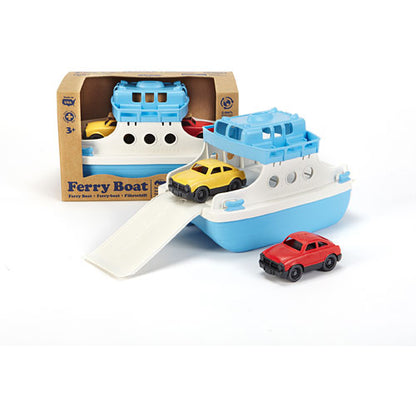Toy ferry boat with cars on a white background