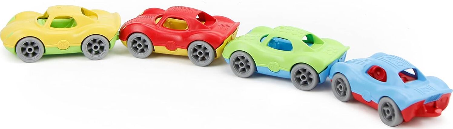 Set of colorful toy cars in a line on a white background