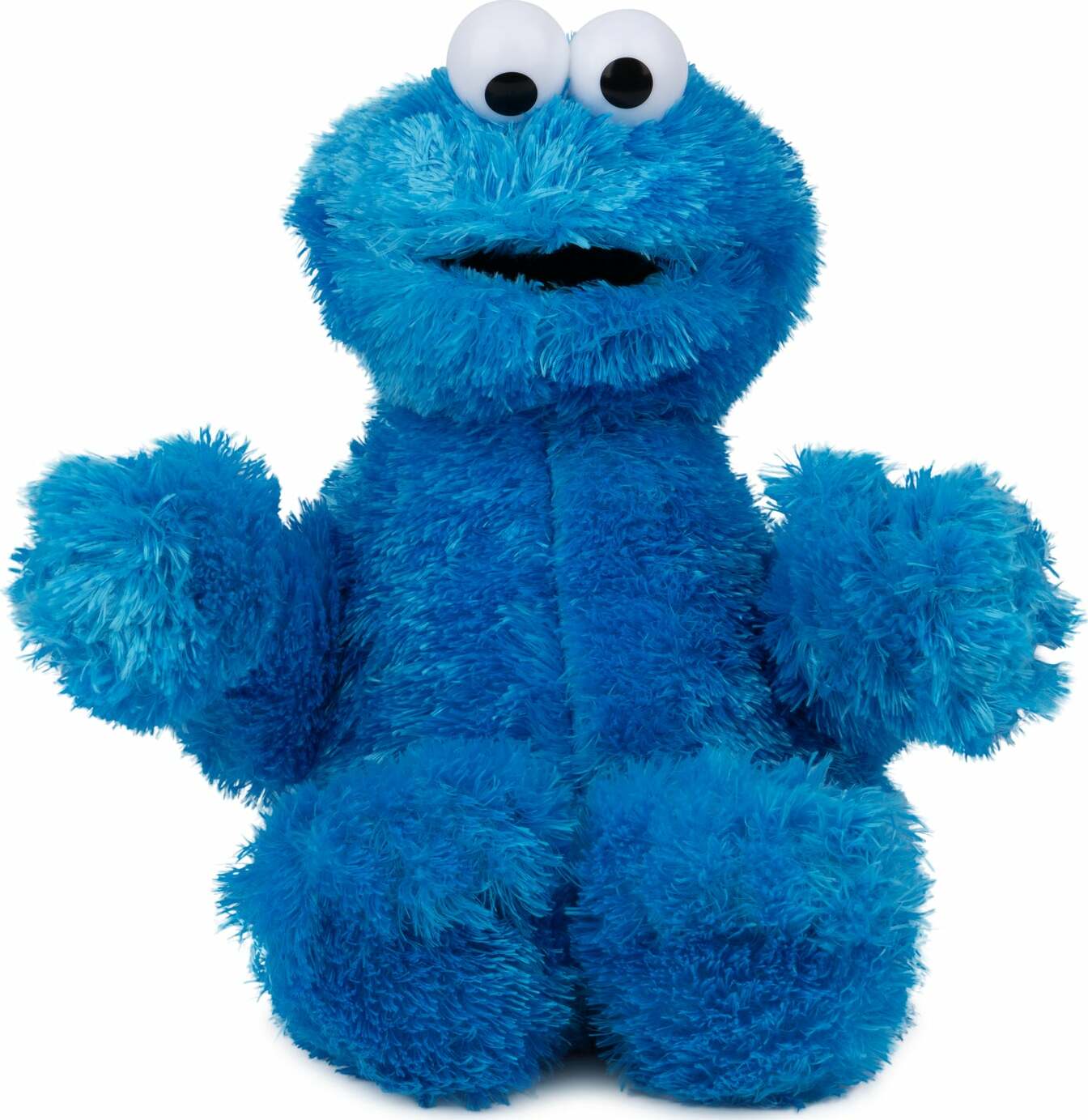 Blue plush toy with googly eyes on a white background