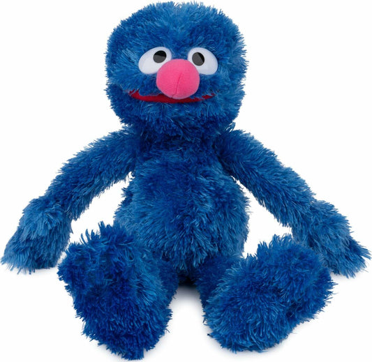 Blue plush toy with a pink nose on a white background