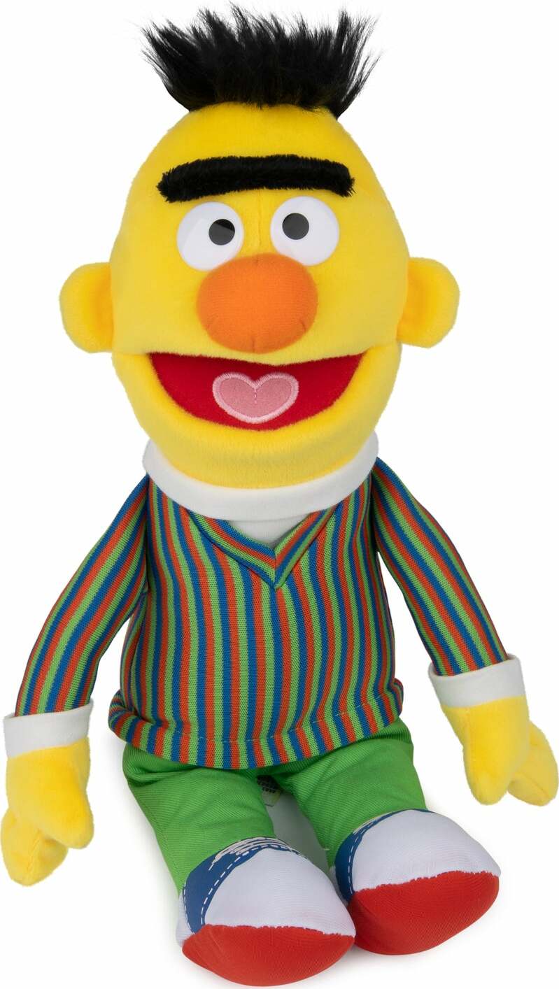A plush toy resembling the character Bert from Sesame Street, wearing a striped shirt and green pants, with a friendly expression.