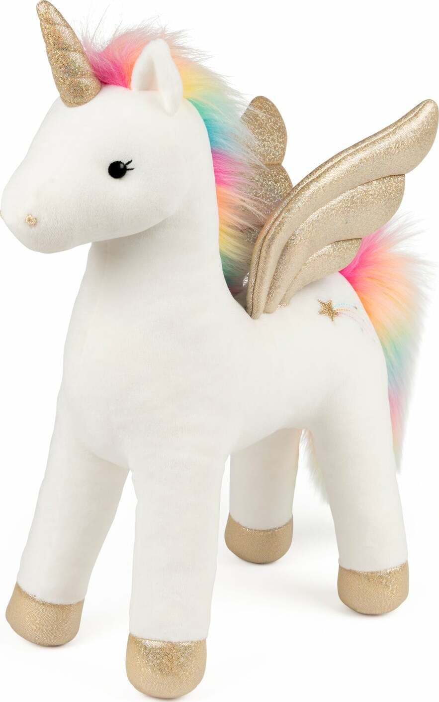Stuffed unicorn toy with rainbow hair and wings on a white background
