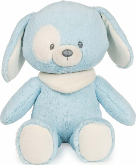 A blue plush puppy toy with a cream-colored bandana and matching paw pads, designed to be ultra-soft and sustainable, made from recycled materials.