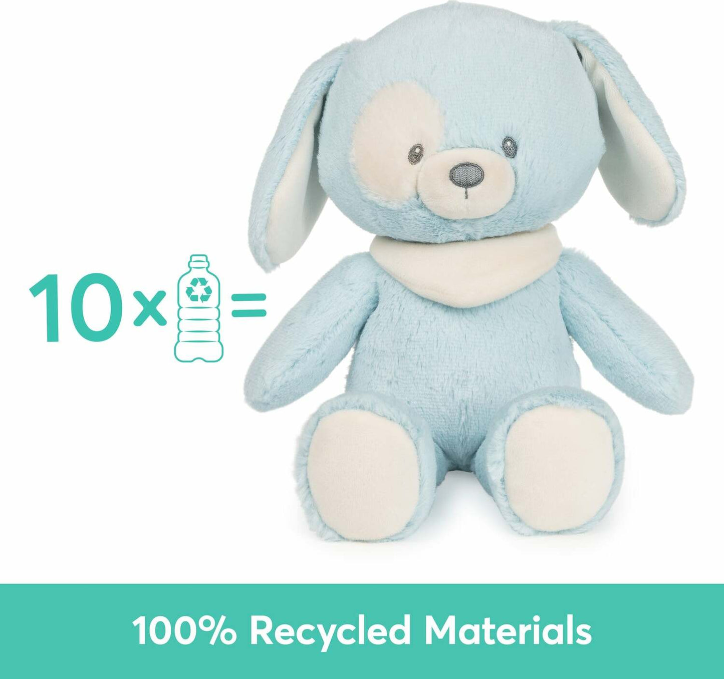 A light sky-blue plush puppy toy sits upright against a white background, To its left, light blue text reads "10x" next to a plastic bottle, A teal banner across the bottom states "100% Recycled Materials".