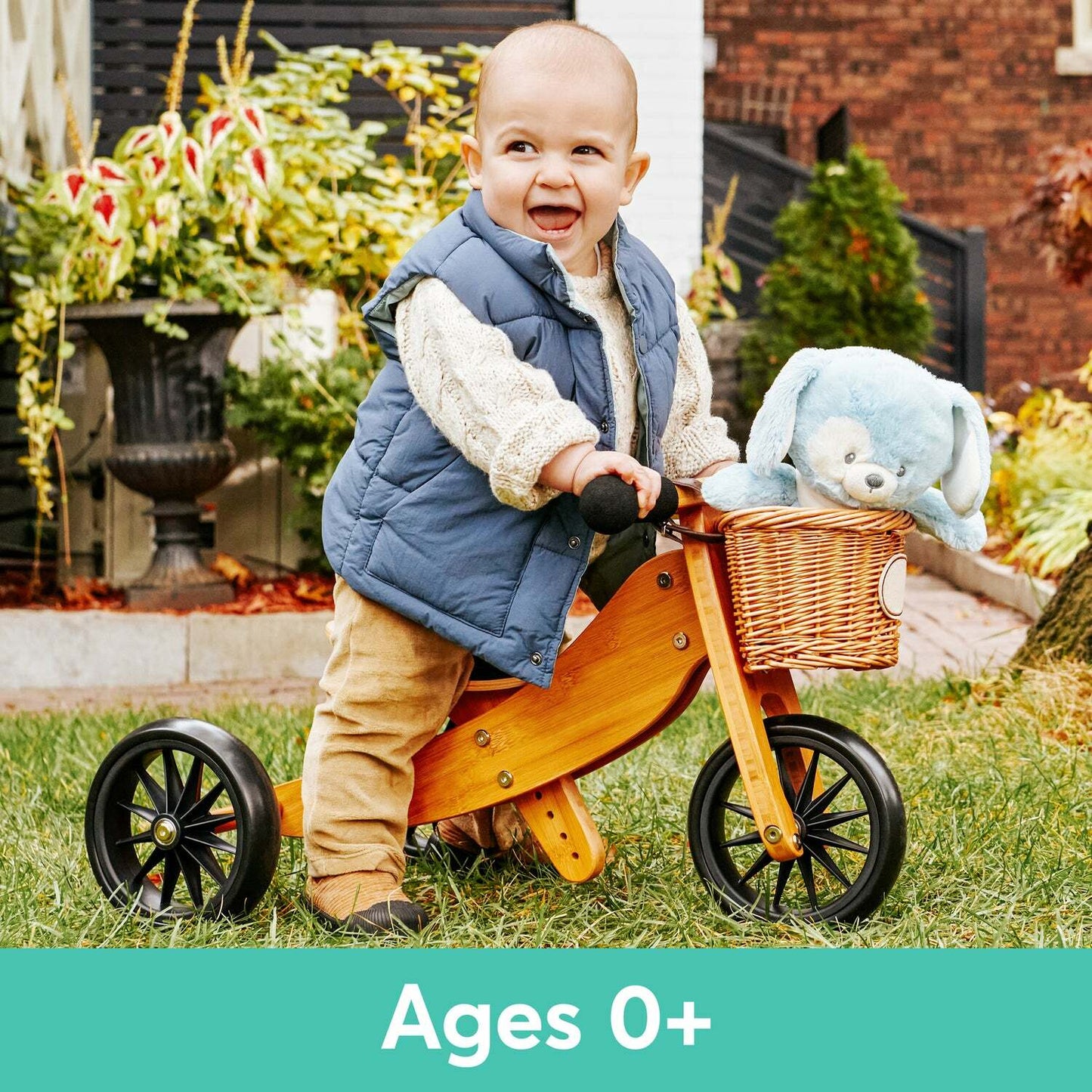 A smiling toddler  on a wooden tricycle. Tucked inside the bike's woven front basket is a light blue plush puppy. Across the bottom of the image, a teal banner displays the text "Ages 0+".