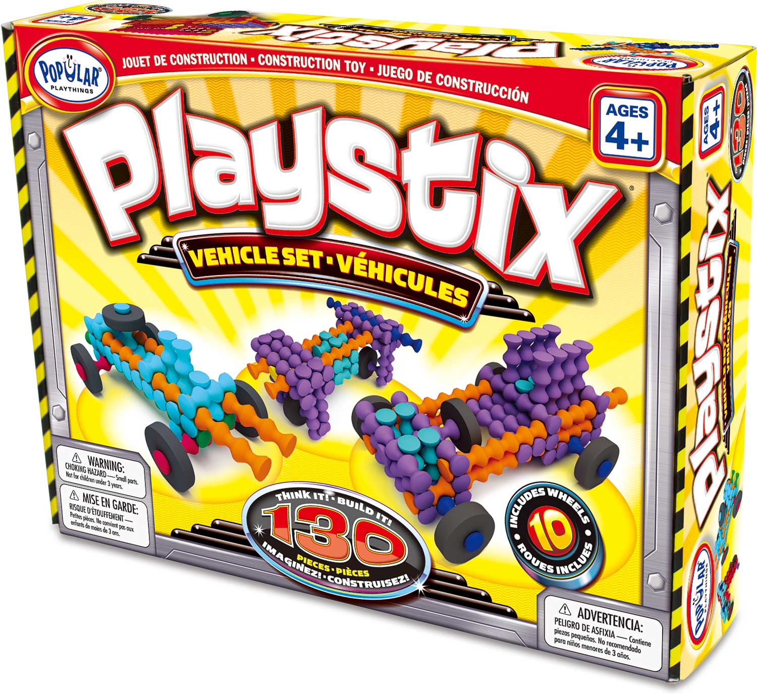 Playstix vehicle set packaging with colorful construction toys on a yellow background