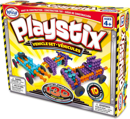 Playstix vehicle set packaging with colorful construction toys on a yellow background