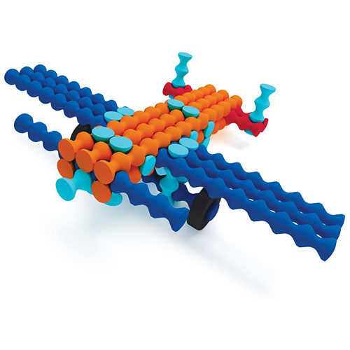 Colorful toy snake-like structure on a white background