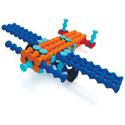 Colorful toy snake-like structure on a white background