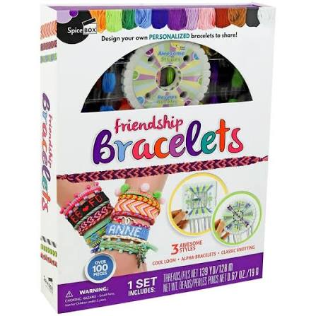 Spice Box Friendship Bracelets kit in retail packaging, showing a white box with colorful text and photos of woven bracelets.