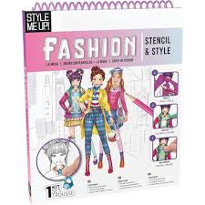 A spiral-bound fashion stencil and style book with colorful cover art showing illustrated fashion dolls and the title 'FASHION STENCIL & STYLE'.