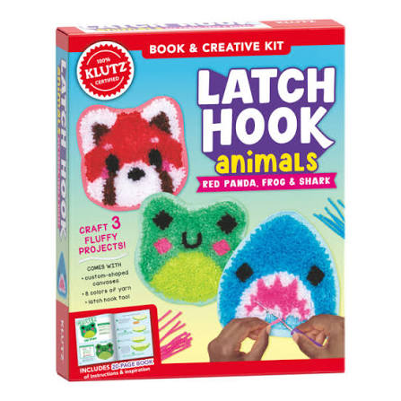 Klutz Latch Hook Animals creative kit packaging with red panda, frog, and shark designs.