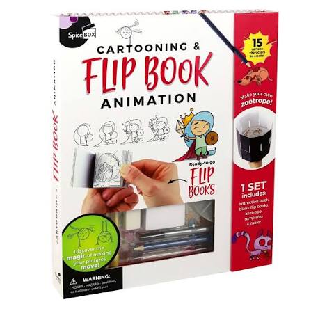 SpiceBox Cartooning & Flip Book Animation kit in its retail packaging, featuring a white box with red and black text, illustrations of cartoon characters, and a clear window showing the included flip books and markers.