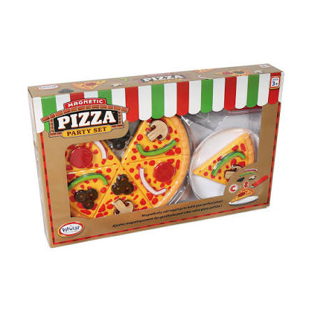 A children's magnetic pizza party set in its original retail packaging, featuring plastic magnetic pizza slices and a plate with matching pizza pieces visible through a clear window on a white background.