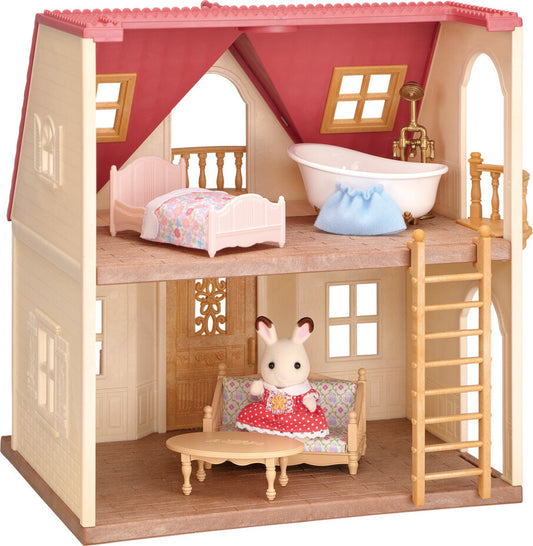 Dollhouse with furniture and a mouse figure on a white background