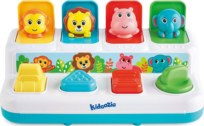 A colorful educational toy featuring animal figures such as a lion and hippo, with numbered doors and buttons for interactive play.