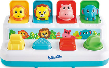 A colorful educational toy featuring animal figures such as a lion and hippo, with numbered doors and buttons for interactive play.