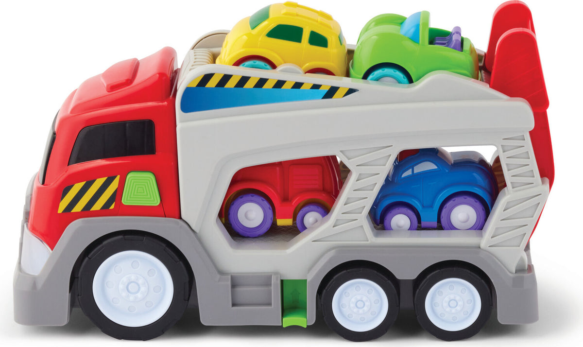 Toy car carrier with colorful cars inside on a white background