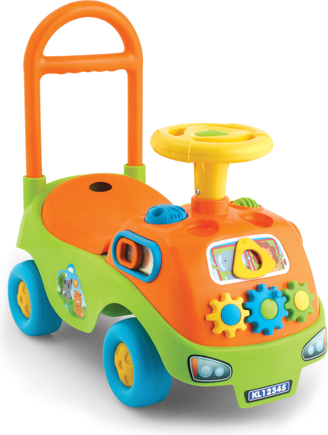 Colorful toy car with steering wheel and push handle on a white background