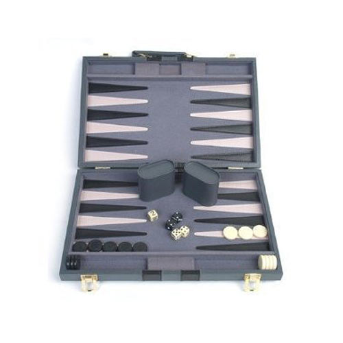 Backgammon set with pieces and dice in a gray case on a white background.