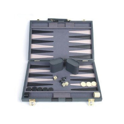 Backgammon set with pieces and dice in a gray case on a white background.