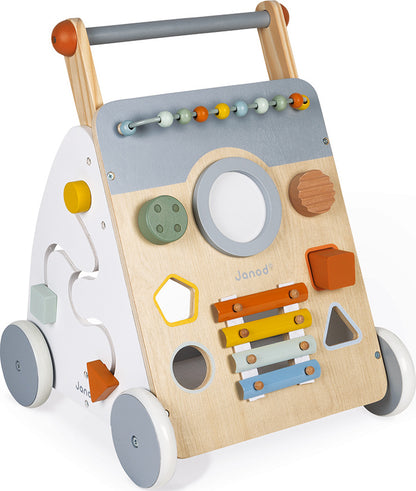 A multicolored baby walker with various interactive toys attached to it, such as a wire track, shape box, and a mirror, set against a white background.