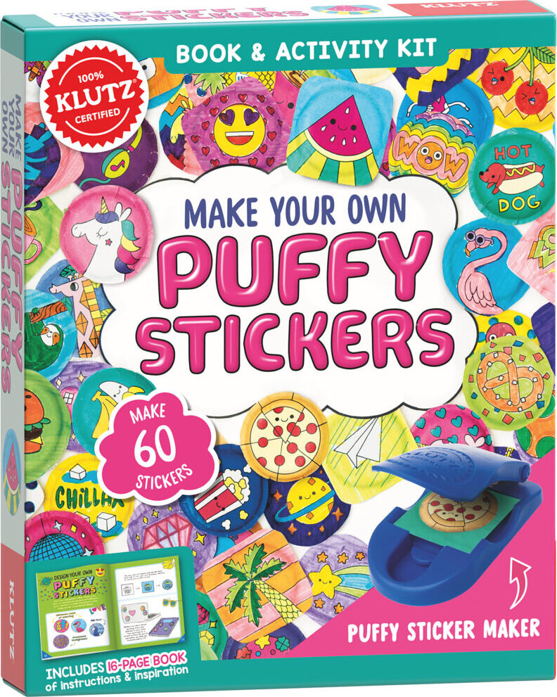 The image shows the packaging of a 'Make Your Own Puffy Stickers' kit, which includes a sticker maker and various materials to create puffy stickers with different designs.