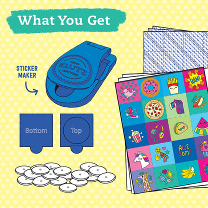 Sticker Maker: A blue, rounded hand-press device.
Plates: Two blue square plates labeled "Top" and "Bottom."
Puffy Discs: A stack of white round foam inserts.
Sticker Sheets: Colorful illustrated art sheets featuring items like donuts, pizzas, and unicorns, along with grid backing paper.
